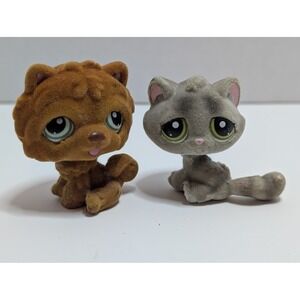 Littlest Pet Shop LPS Flocked Chow Chow Dog #332 & Grey Kitten Cat #323